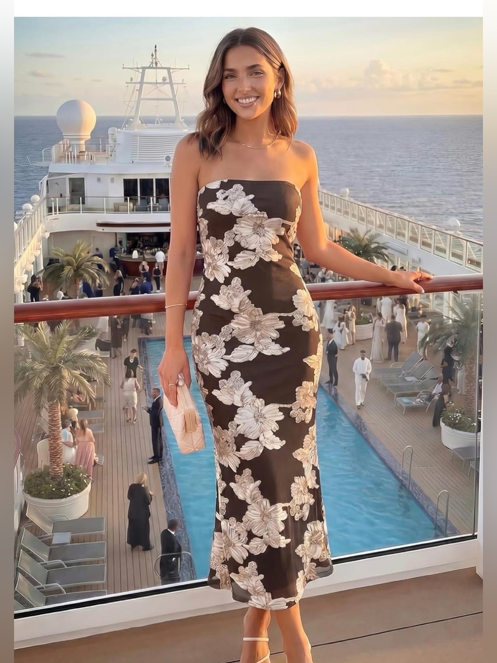 Strapless Brown/cream Floral Midi Dress